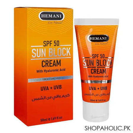 Hemani Sun SPF-50 Block Cream With Hyaluronic Acid, For All Skin Types, Protects UVA+UVB, 50ml - Main Image