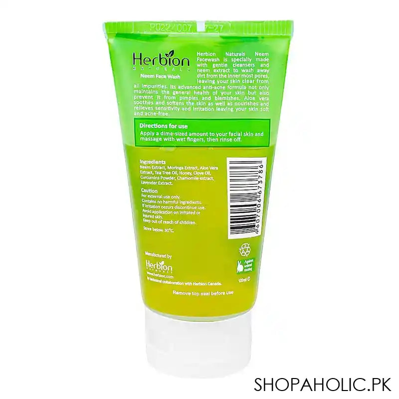 Herbion Anti Acne Neem Face Wash With Moringa and Aloe Vera, For All Skin Types, 100ml - Image 2