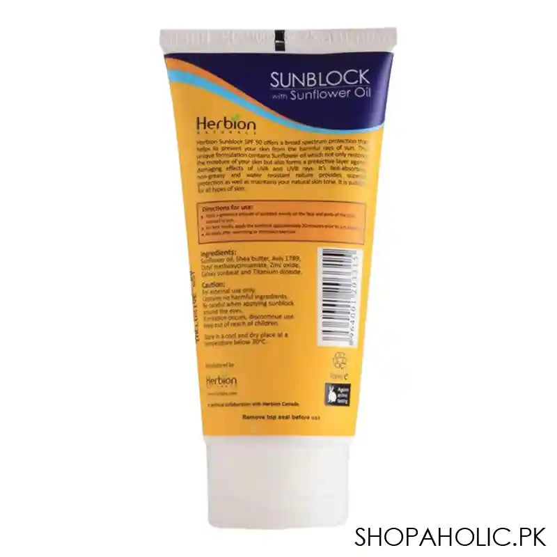 Herbion Naturals Sunblock With Sunflower Oil & Shea Butter, SPF-50, 100ml - Image 2