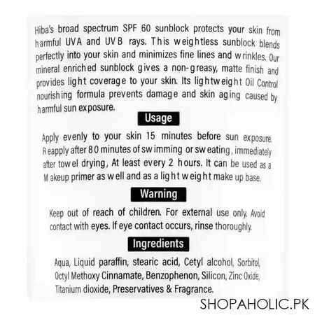 hiba's collection bright & glow sun block spf 60+, safe for sensitive skin, 150ml image3
