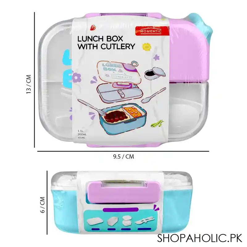 Homeatic Plastic Lunch Box With Cutlery, 1100ml/200ml Capacity, 2.4in (H) x 5.1in (W) x 3.7in (D), Blue, HMT-011 - Image 2