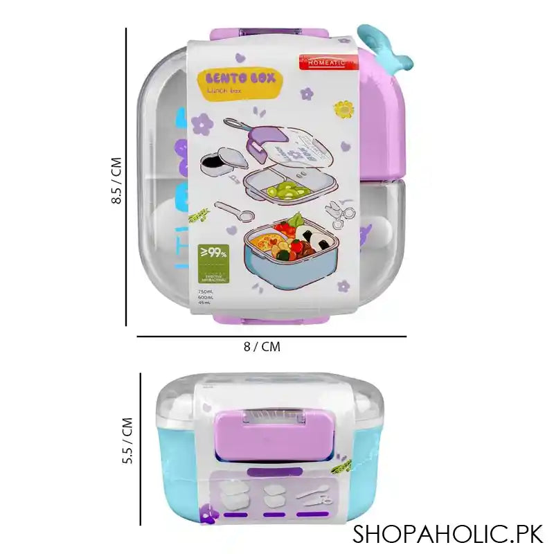 Homeatic Plastic Lunch Box With Cutlery, 750ml/600ml Capacity, 2.2in (H) x 3.3in (W) x 3.1in (D), Blue, HMT-010 - Image 4