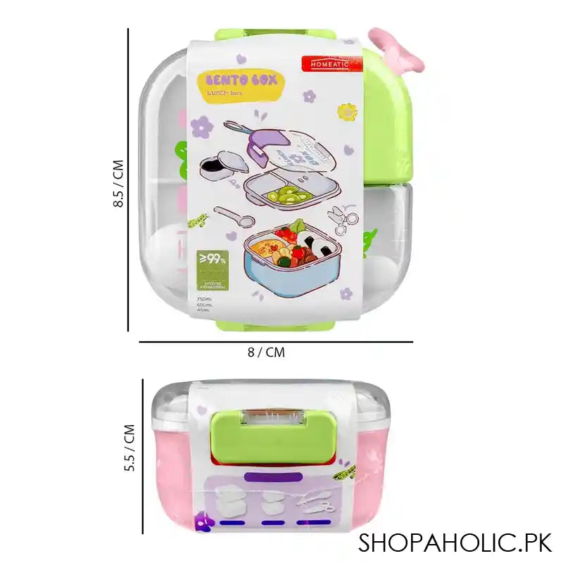 Homeatic Plastic Lunch Box With Cutlery, 750ml/600ml Capacity, 2.2in (H) x 3.3in (W) x 3.1in (D), Pink, HMT-010 - Image 2