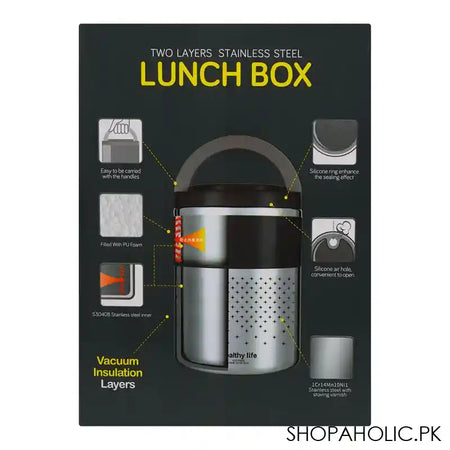 Homeatic Stainless Steel Office Lunch Box, Two Vacuum Insulated Layers, 1500ml Capacity, Grey, HMT-009 - Image 2