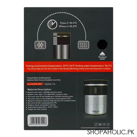 Homeatic Stainless Steel Office Lunch Box, Two Vacuum Insulated Layers, 1500ml Capacity, Grey, HMT-009 - Image 3