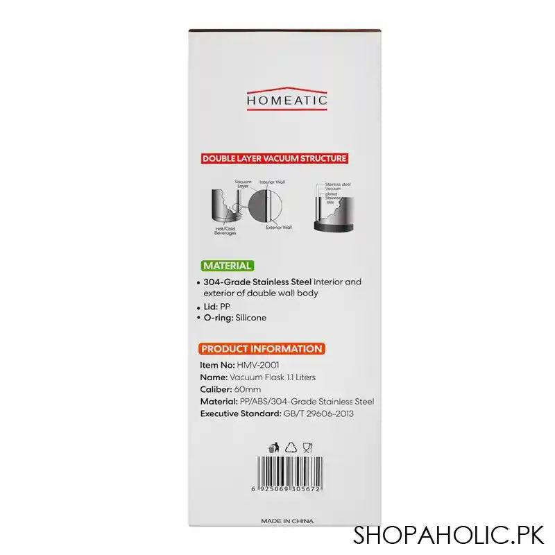Homeatic Steel Vacuum Flask, 1.1 Liter Capacity, Black, HMV-2001 - Image 3