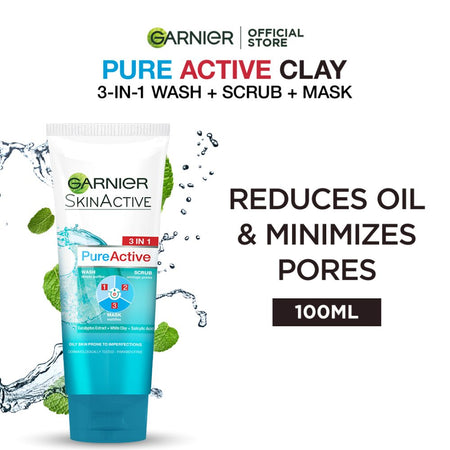 Garnier Skin Active Pure Active 3-in-1 Wash + Scrub +Mask, For Oily Skin, 100ml - Dissolve Dirt and Impurities - Main Image