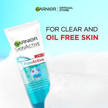 Garnier Skin Active Pure Active 3-in-1 Wash + Scrub +Mask, For Oily Skin, 100ml - Dissolve Dirt and Impurities - Image 2