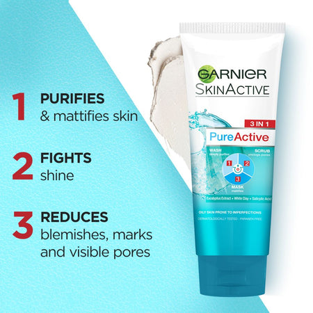 Garnier Skin Active Pure Active 3-in-1 Wash + Scrub +Mask, For Oily Skin, 100ml - Dissolve Dirt and Impurities - Image 3