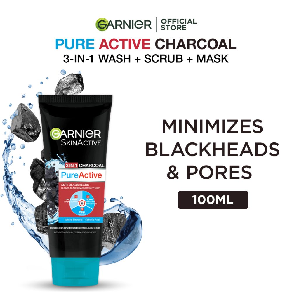 Garnier Skin Active Pure Active Anti-Blackheads 3-in-1 Daily Wash + Scrub + Mask, 100ml - Dissolve Dirt and Impurities - Main Image