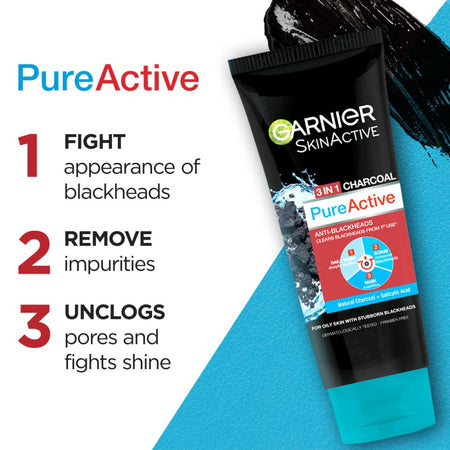 Garnier Skin Active Pure Active Anti-Blackheads 3-in-1 Daily Wash + Scrub + Mask, 100ml - Dissolve Dirt and Impurities - Image 3