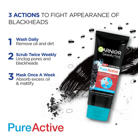 Garnier Skin Active Pure Active Anti-Blackheads 3-in-1 Daily Wash + Scrub + Mask, 100ml - Dissolve Dirt and Impurities - Image 4