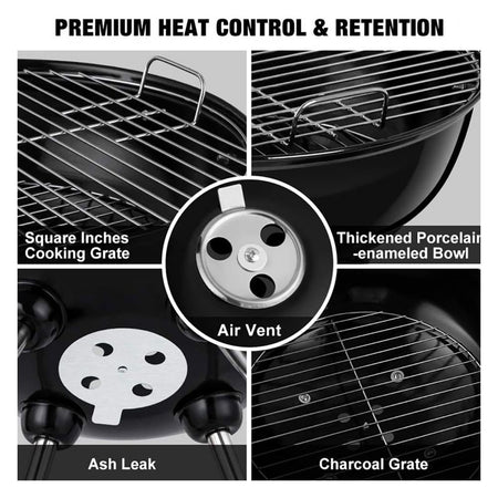 AJF Portable Kettle BBQ Charcoal Grill, Height 22.44 & Diameter 17 Inches, Smoked Barbecue, Stainless Steel Stands & Wheels - Image 3