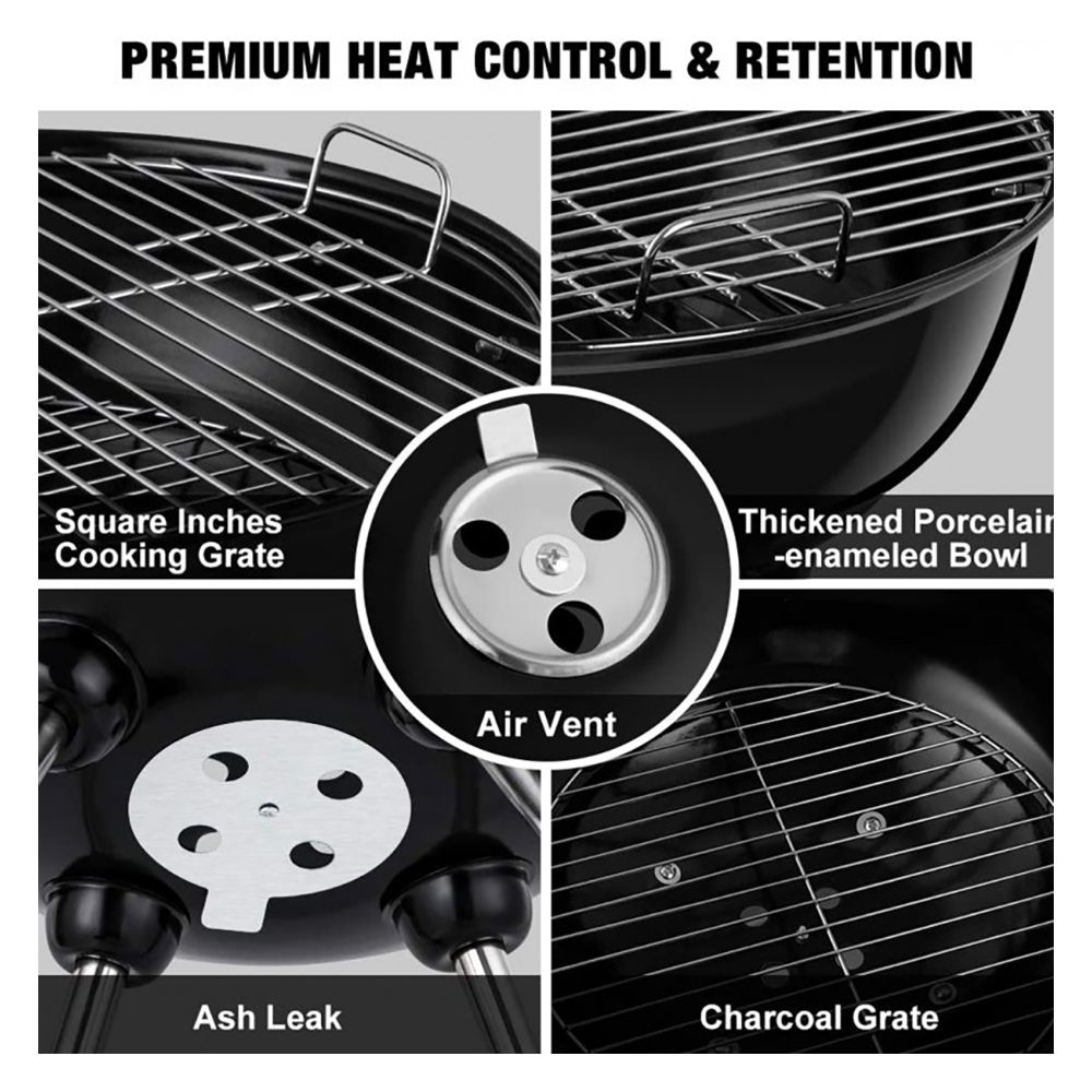 AJF Portable Kettle BBQ Charcoal Grill, Height 22.44 & Diameter 17 Inches, Smoked Barbecue, Stainless Steel Stands & Wheels - Image 3