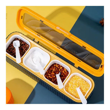 Plastic 4 Portions Seasoning Box With Jars & Spoons, Kitchen Spice Master Set, Yellow, 100652 - Main Image