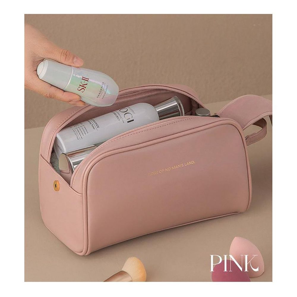 AJF Large Waterproof Leather Makeup Bag, Portable Travel Cosmetic Organizer, Baby Pink - Main Image