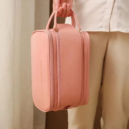 AJF Large Waterproof Leather Makeup Bag, Portable Travel Cosmetic Organizer, Baby Pink - Image 2