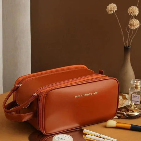 AJF Large Waterproof Leather Makeup Bag, Portable Travel Cosmetic Organizer, Brown - Main Image