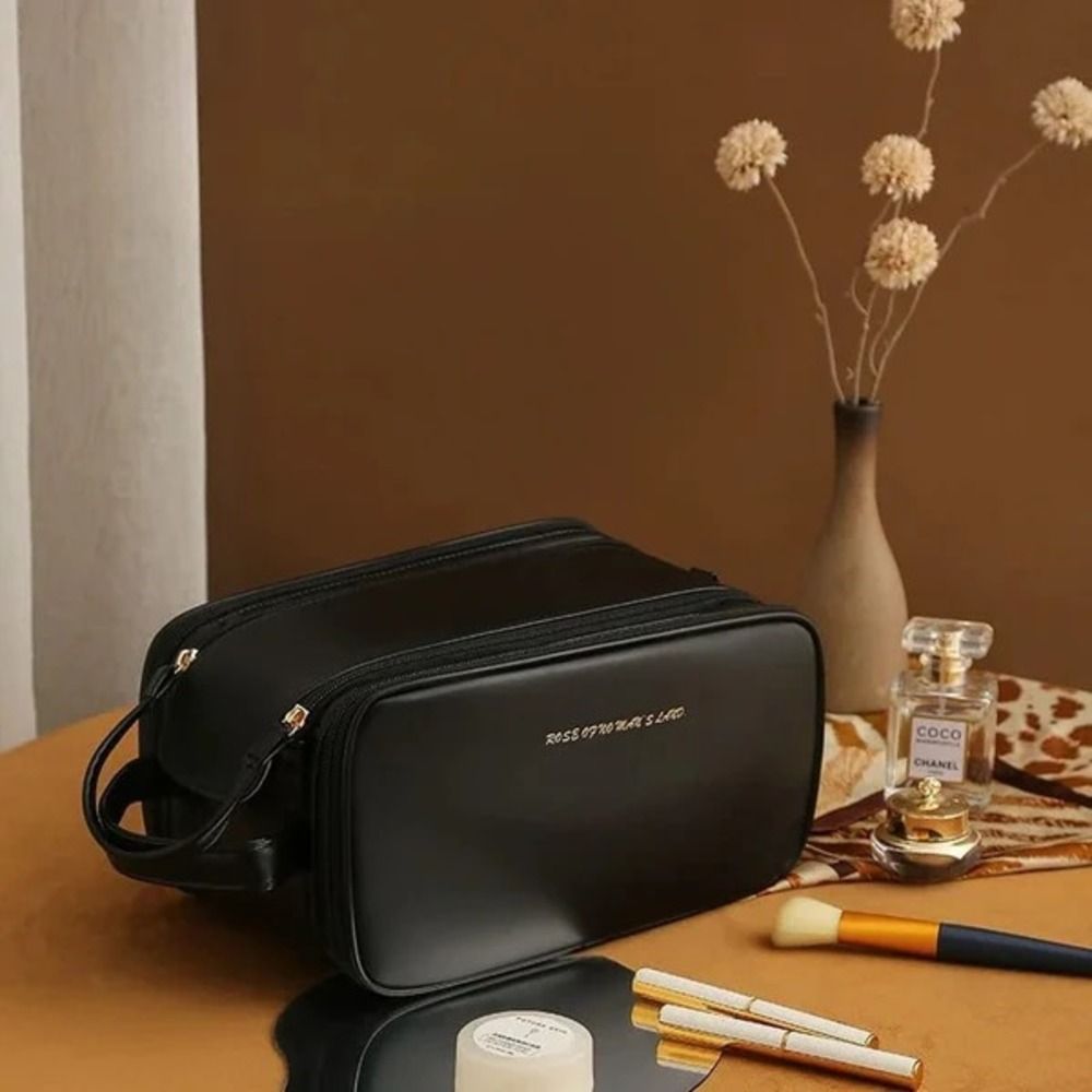 AJF Large Waterproof Leather Makeup Bag, Portable Travel Cosmetic Organizer, Black - Main Image