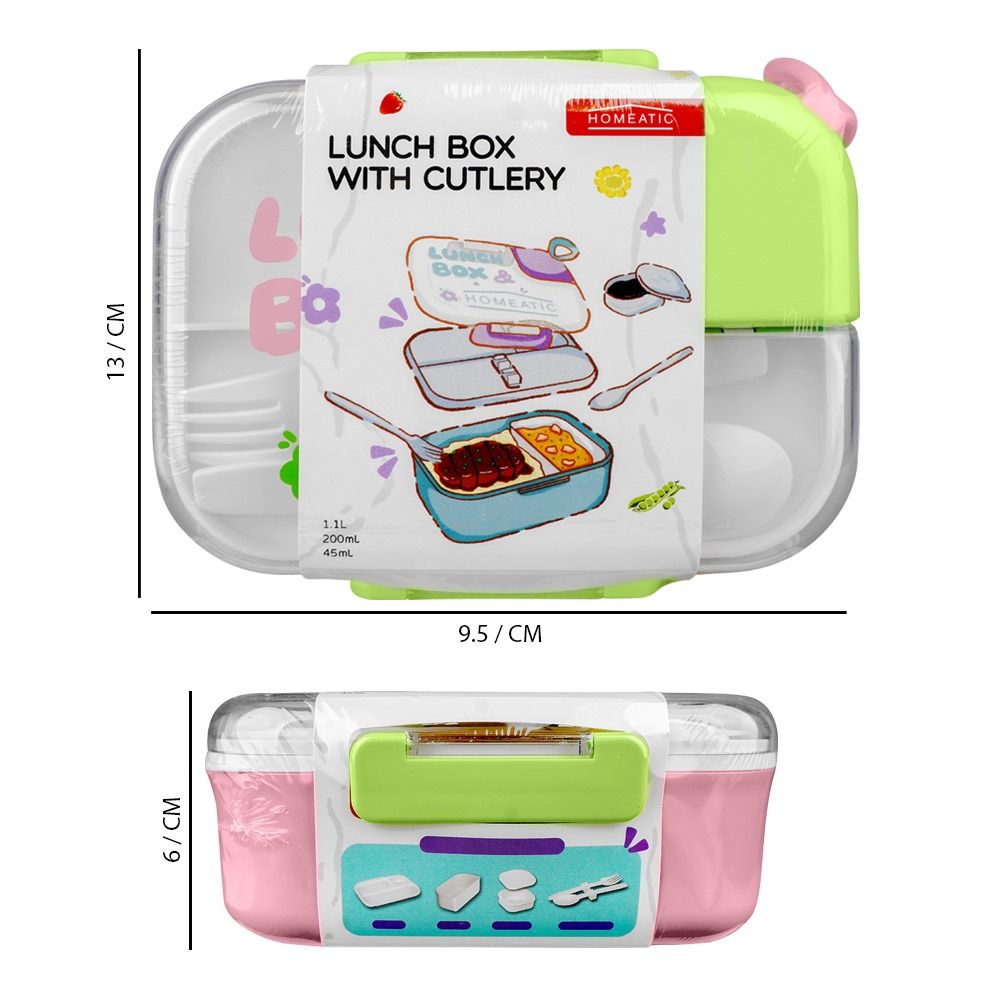 Homeatic Plastic Lunch Box With Cutlery, 1100ml/200ml Capacity, 2.4in (H) x 5.1in (W) x 3.7in (D), Pink, HMT-011 - Image 4