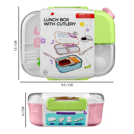Homeatic Plastic Lunch Box With Cutlery, 1100ml/200ml Capacity, 2.4in (H) x 5.1in (W) x 3.7in (D), Pink, HMT-011 - Image 4