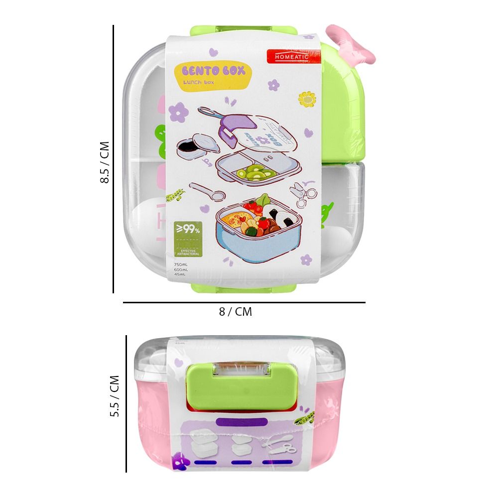 Homeatic Plastic Lunch Box With Cutlery, 750ml/600ml Capacity, 2.2in (H) x 3.3in (W) x 3.1in (D), Pink, HMT-010 - Image 4