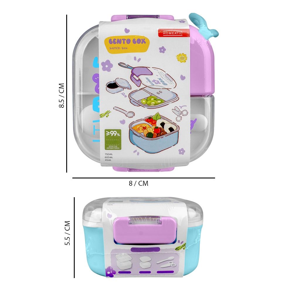 Homeatic Plastic Lunch Box With Cutlery, 750ml/600ml Capacity, 2.2in (H) x 3.3in (W) x 3.1in (D), Blue, HMT-010 - Image 4