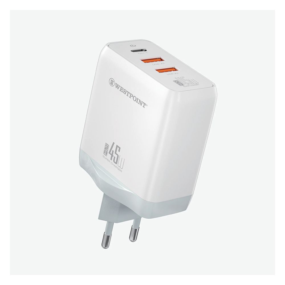West Point 45W Gan Type-C+Dual USB-A Wall Charger, White, WP-45 - Main Image