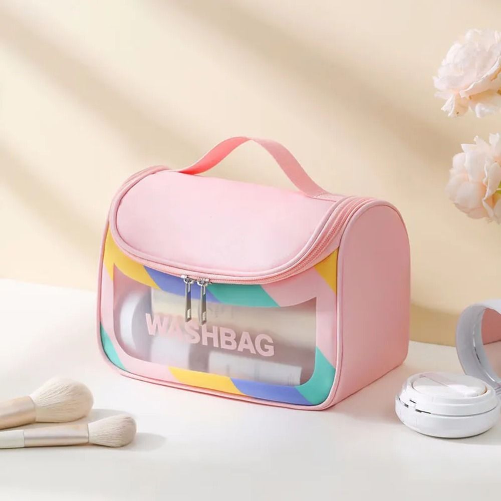 AJF PVC Waterproof Cosmetic Bag, Rainbow Border, Pink - Main Image