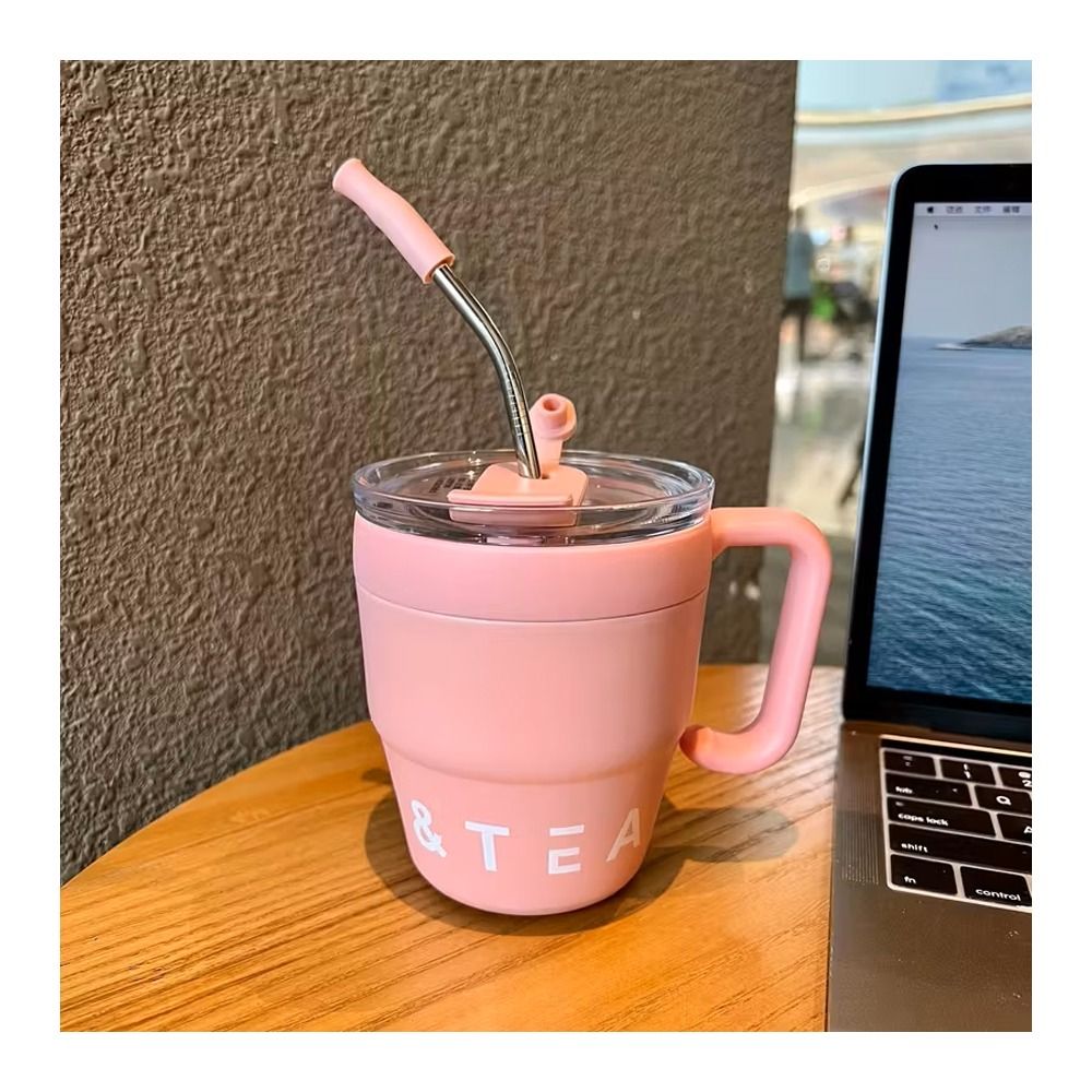 AJF Korean Insulated Stainless Steel Coffee Mug With Straw, 460ml, Pink - Main Image