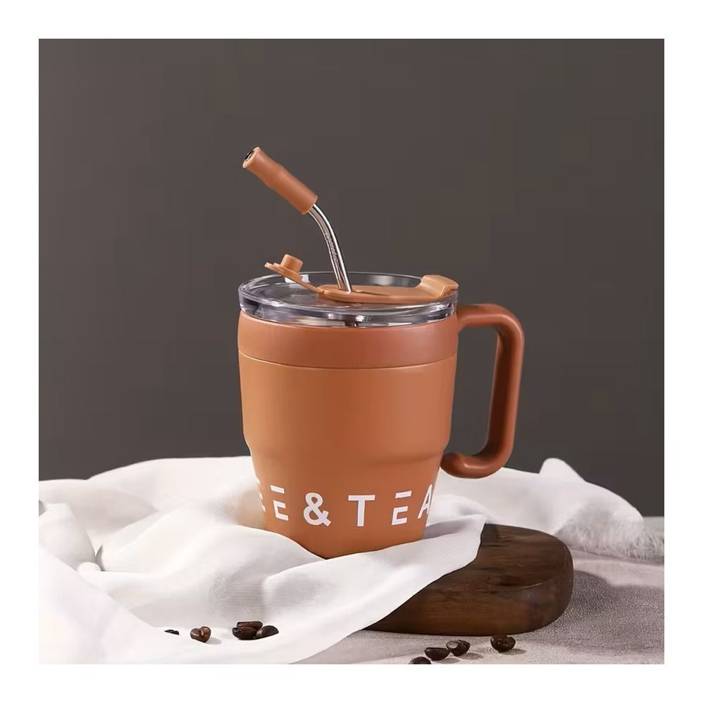 AJF Korean Insulated Stainless Steel Coffee Mug With Straw, 460ml, Brown - Main Image