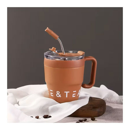 AJF Korean Insulated Stainless Steel Coffee Mug With Straw, 460ml, Brown - Main Image