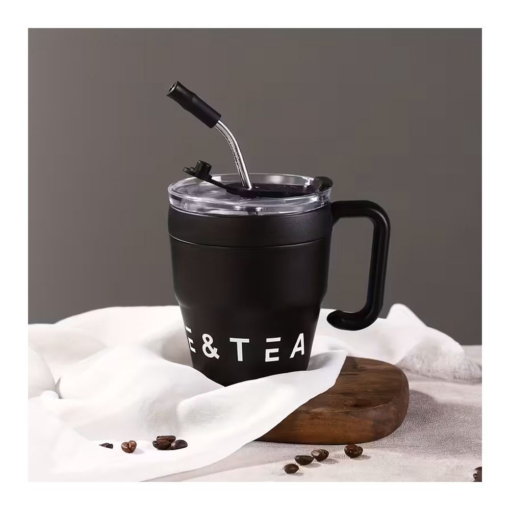 AJF Korean Insulated Stainless Steel Coffee Mug With Straw, 460ml, Black - Main Image