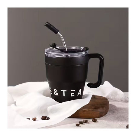 AJF Korean Insulated Stainless Steel Coffee Mug With Straw, 460ml, Black - Main Image