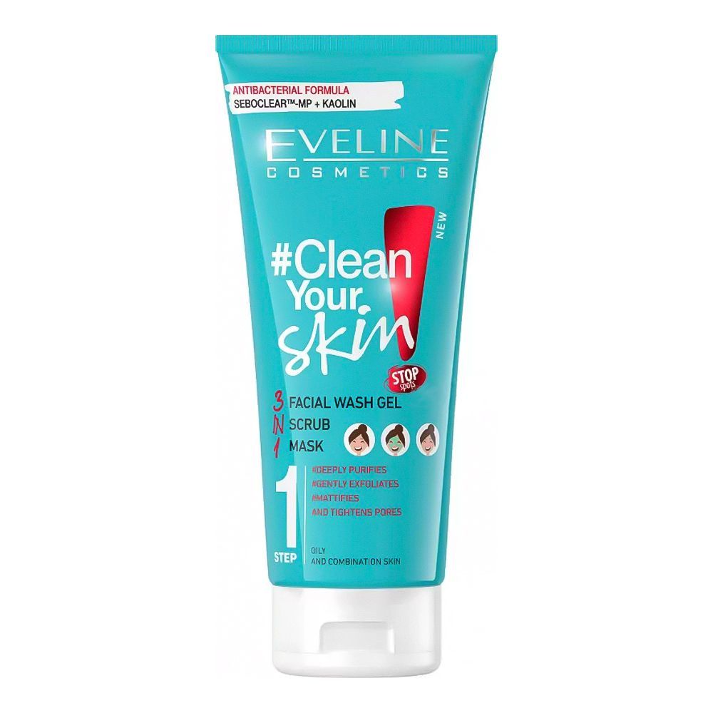 Eveline Clean Your Skin 3-In-1, Facial Wash Gel + Scrub + Mask, For Oily & Combination Skin, 200ml - Main Image