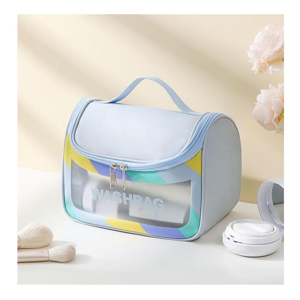 AJF PVC Waterproof Cosmetic Bag, Rainbow Border, Blue - Main Image