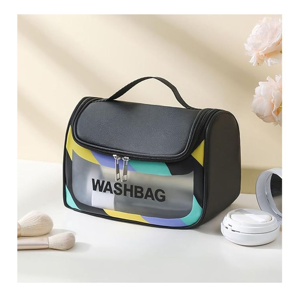 AJF PVC Waterproof Cosmetic Bag, Rainbow Border, Black - Main Image