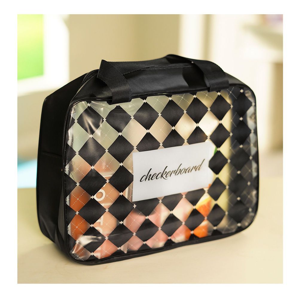 AJF PVC Checkerboard Waterproof Cosmetic Bag With Hook For Travel, Ah-05, Black - Main Image