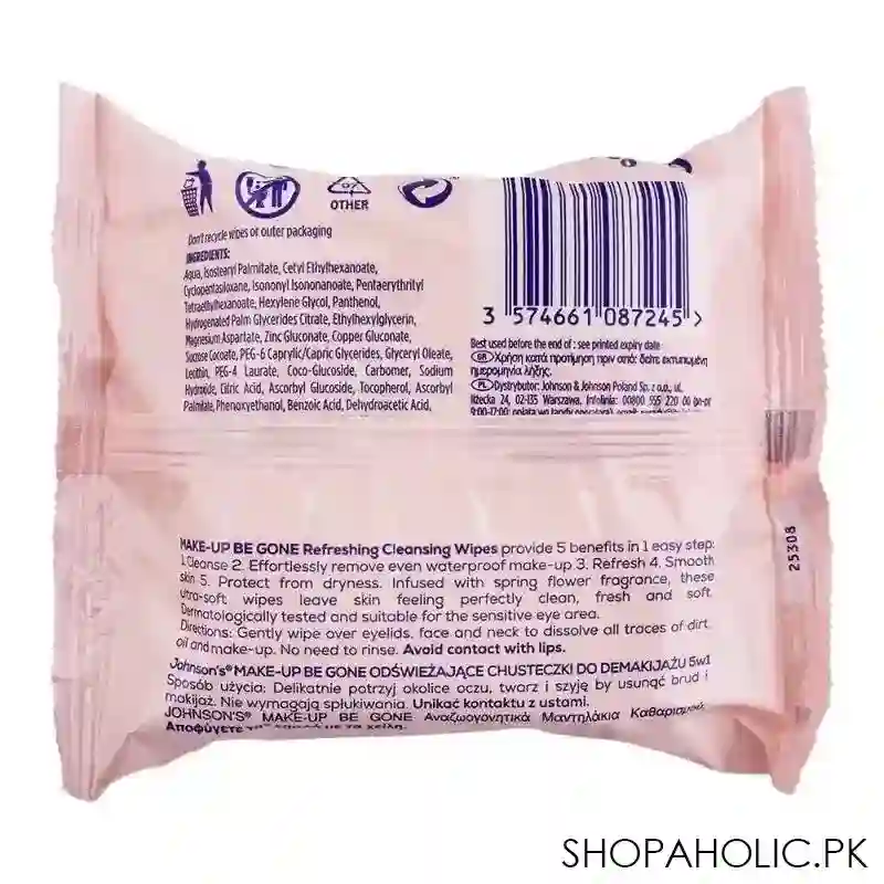 johnson's make up be gone 5 in 1 refreshing cleansing wipes, for normal skin, 25 pack image2
