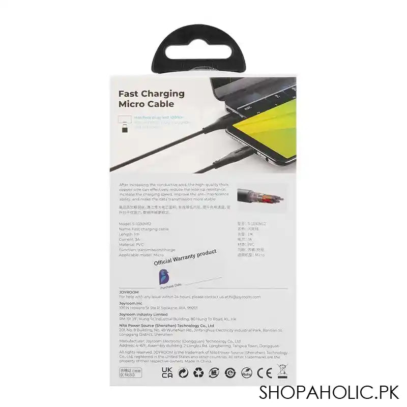 Joyroom 3A Fast Charging Micro Cable 1m, Black, S-1030M12 - Image 3