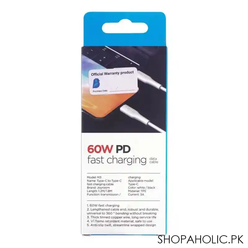 joyroom 60w pd type c to type c fast charging cable, white, s 1230m3 image3