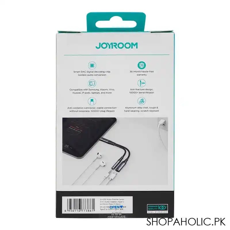 Joyroom Audio-Transfer Series 2-in-1 Audio Adapter Type-C to 3.5mm+Type-C, Black, SY-C02 - Image 2