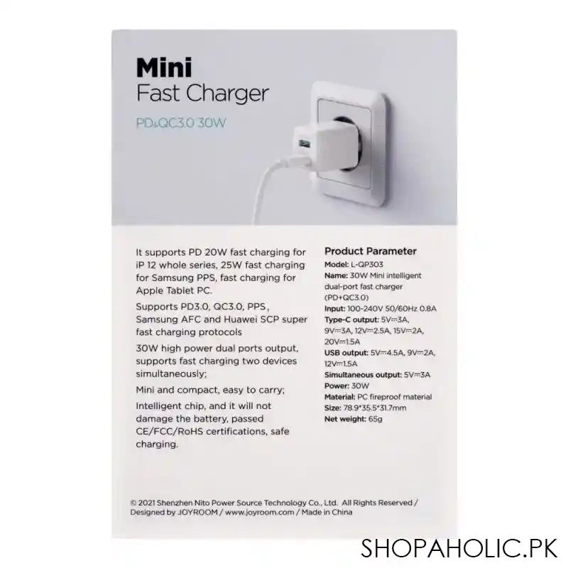 joyroom mini intelligent pd & qc3.0 dual port fast charger, white, l qp303 image3