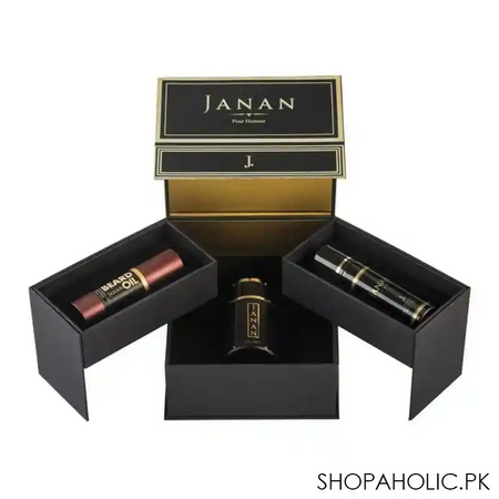 junaid jamshed j. janan gold pour homme for men set, eau de parfum + body spray + beard oil image2