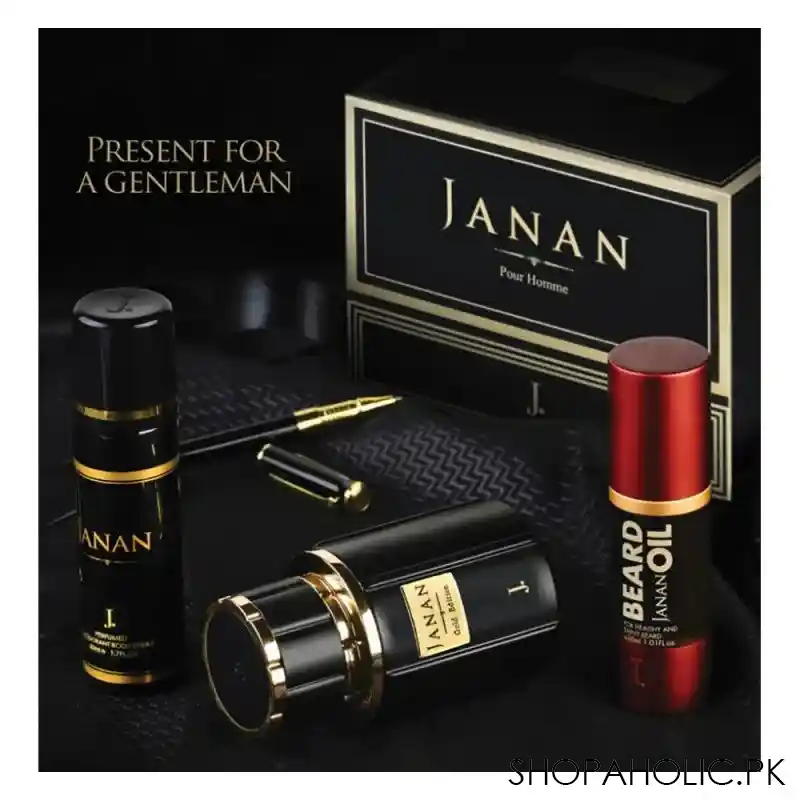 junaid jamshed j. janan gold pour homme for men set, eau de parfum + body spray + beard oil image5