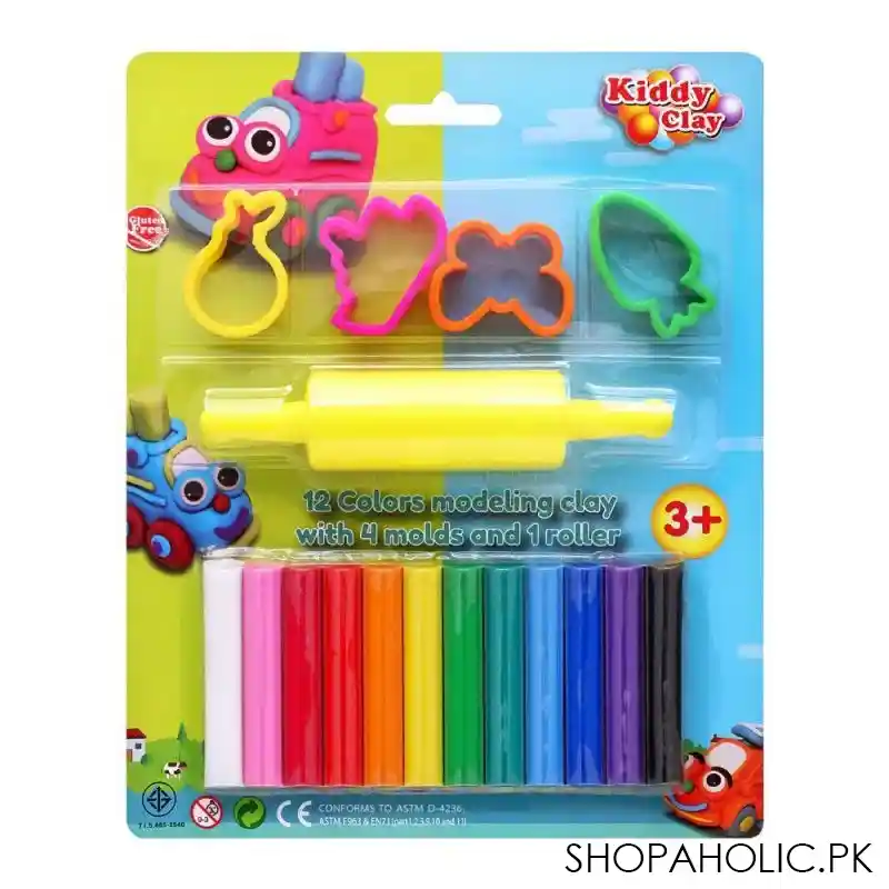 kiddy clay 12 colors modeling clay, with 4 molds + 1 roller, st 150 12+4sm/r main image