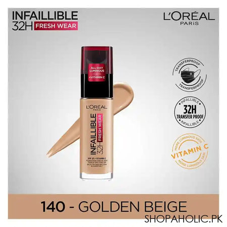 L'Oreal Paris Infallible 24H Stay Fresh Foundation, 140 Golden Beige - Image 2