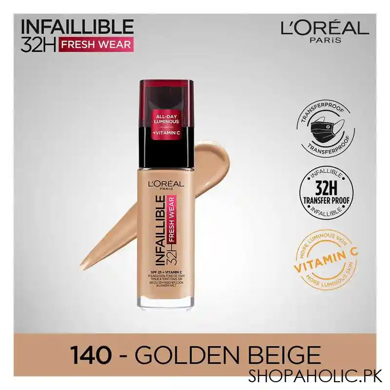 L'Oreal Paris Infallible 24H Stay Fresh Foundation, 140 Golden Beige - Image 2