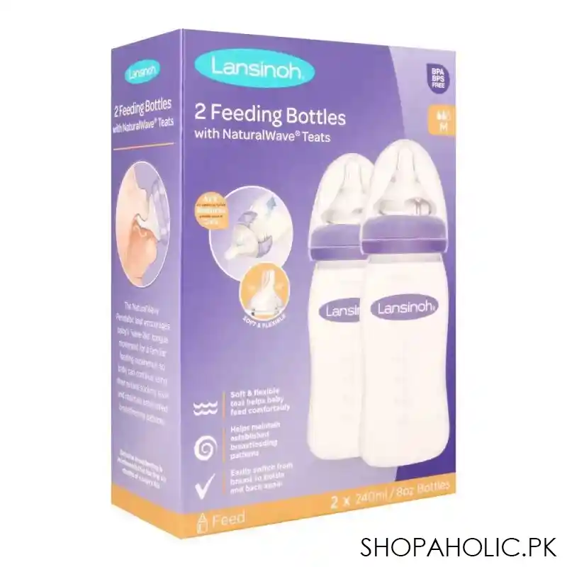 lansinoh feeding bottle with natural wave medium flow teat, 2 x 240ml, bt75850ct0620 image2