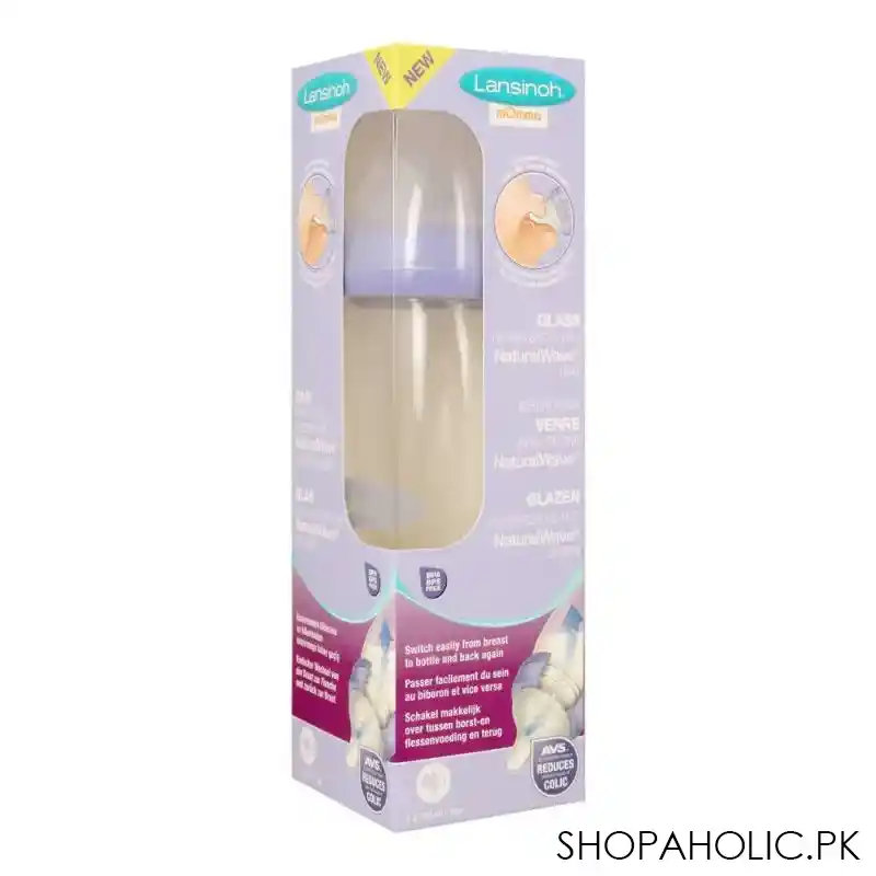 lansinoh momma glass feeding bottle with natural wave medium flow teat, 240ml, bt77150ct1016 image2